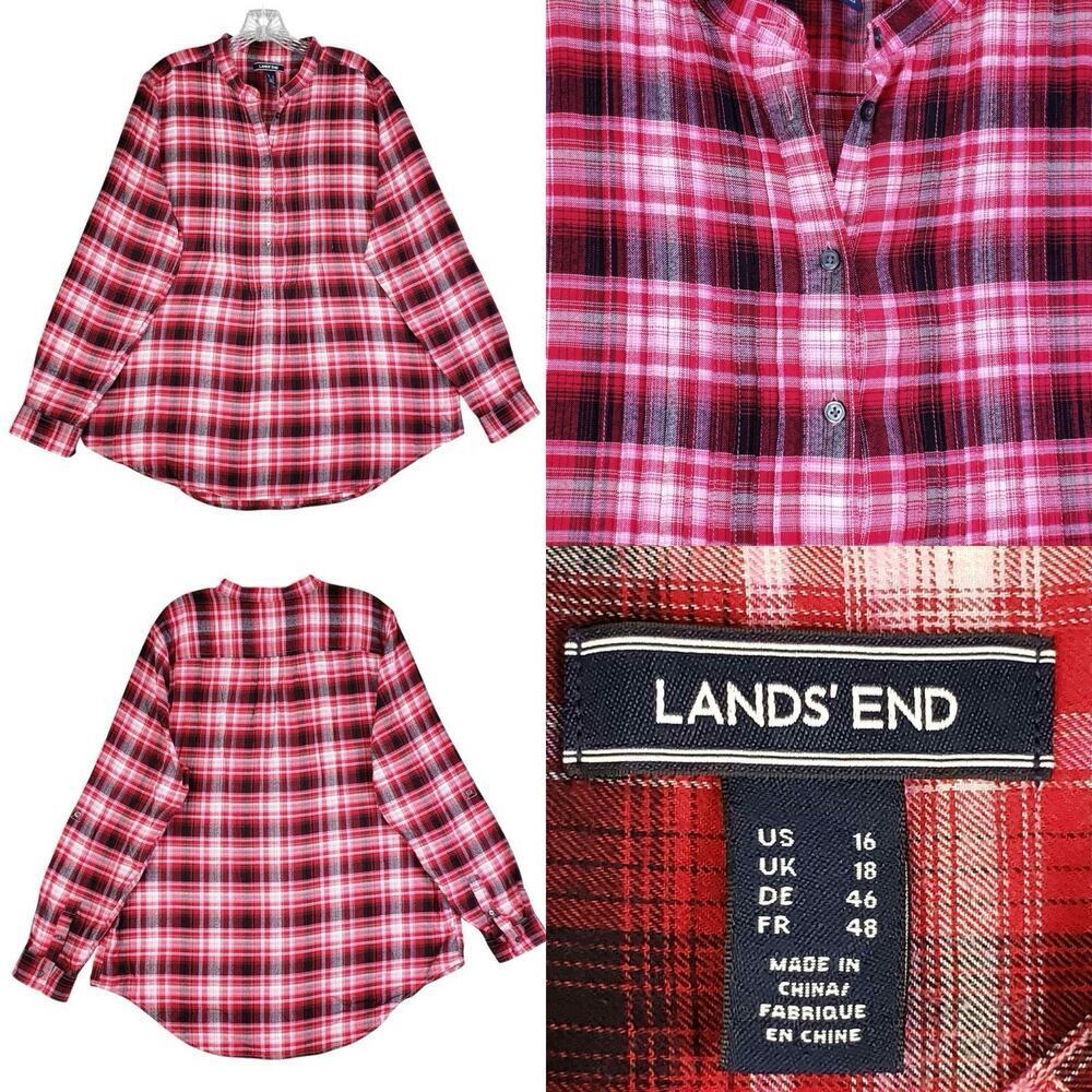 Lands End Button Down Shirt Popover Flannel LS Red Pink Plaid Women’s Size 16